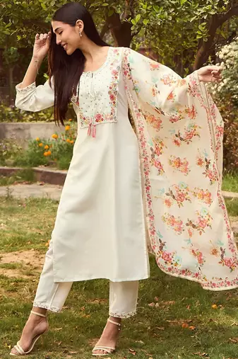White Floral Yoke Design Tie-Up Neck Straight Kurta With Trousers & Dupatta