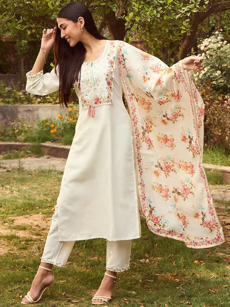 White Floral Yoke Design Tie-Up Neck Straight Kurta With Trousers & Dupatta