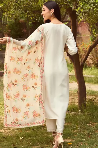 White Floral Yoke Design Tie-Up Neck Straight Kurta With Trousers & Dupatta