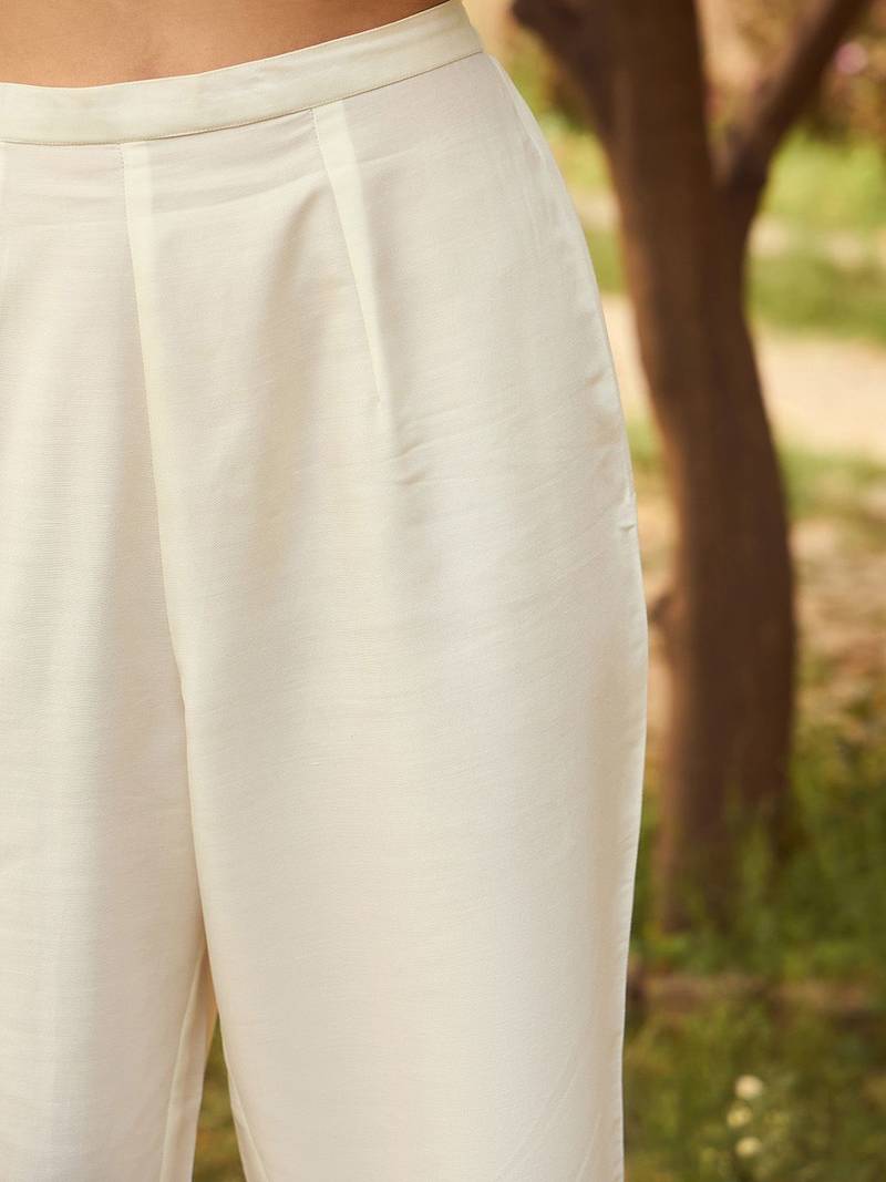 White Floral Yoke Design Tie-Up Neck Straight Kurta With Trousers & Dupatta