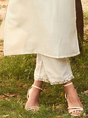 White Floral Yoke Design Tie-Up Neck Straight Kurta With Trousers & Dupatta 6