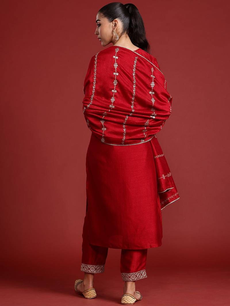 Ethnic Motifs Embroidered Sequinned Kurta With Trousers & Dupatta