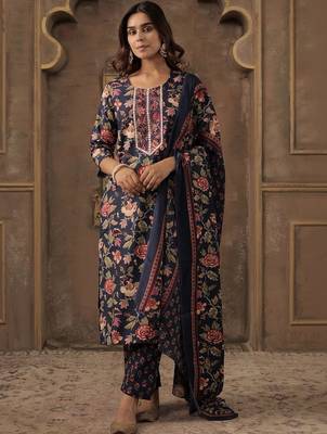 Women Floral Printed Regular Thread Work Kurta with Trousers & With Dupatta 4