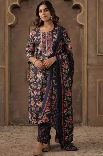 Women Floral Printed Regular Thread Work Kurta with Trousers & With Dupatta
