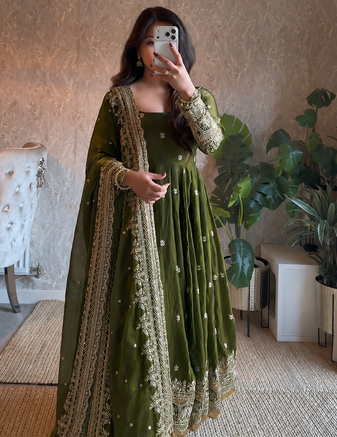 mehendi color sequin embroidery silk blend gown set