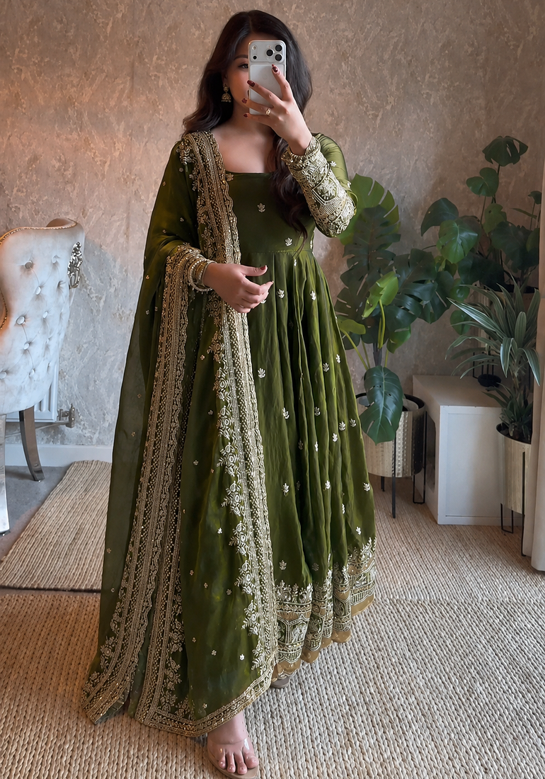 mehendi color sequin embroidery silk blend gown set