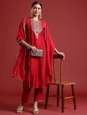 Ethnic Motifs Yoke Design Zari Panelled Liva Kurta With Trousers & Dupatta 1