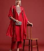 Ethnic Motifs Yoke Design Zari Panelled Liva Kurta With Trousers & Dupatta