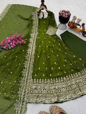 mehendi color sequin embroidery silk blend gown set 5