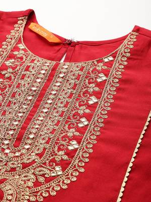 Ethnic Motifs Yoke Design Zari Panelled Liva Kurta With Trousers & Dupatta 2
