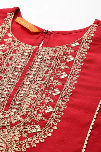 Ethnic Motifs Yoke Design Zari Panelled Liva Kurta With Trousers & Dupatta