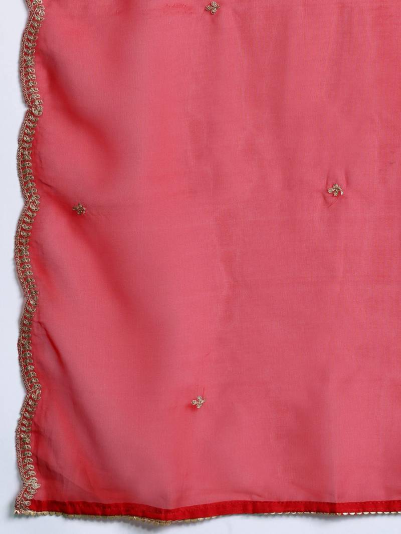 Ethnic Motifs Yoke Design Zari Panelled Liva Kurta With Trousers & Dupatta