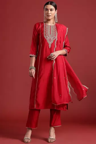 Ethnic Motifs Yoke Design Zari Panelled Liva Kurta With Trousers & Dupatta