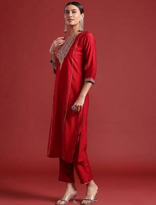 Ethnic Motifs Yoke Design Zari Panelled Liva Kurta With Trousers & Dupatta 6