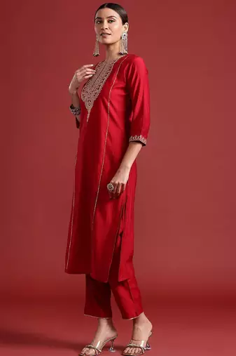 Ethnic Motifs Yoke Design Zari Panelled Liva Kurta With Trousers & Dupatta