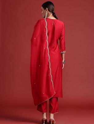 Ethnic Motifs Yoke Design Zari Panelled Liva Kurta With Trousers & Dupatta 7