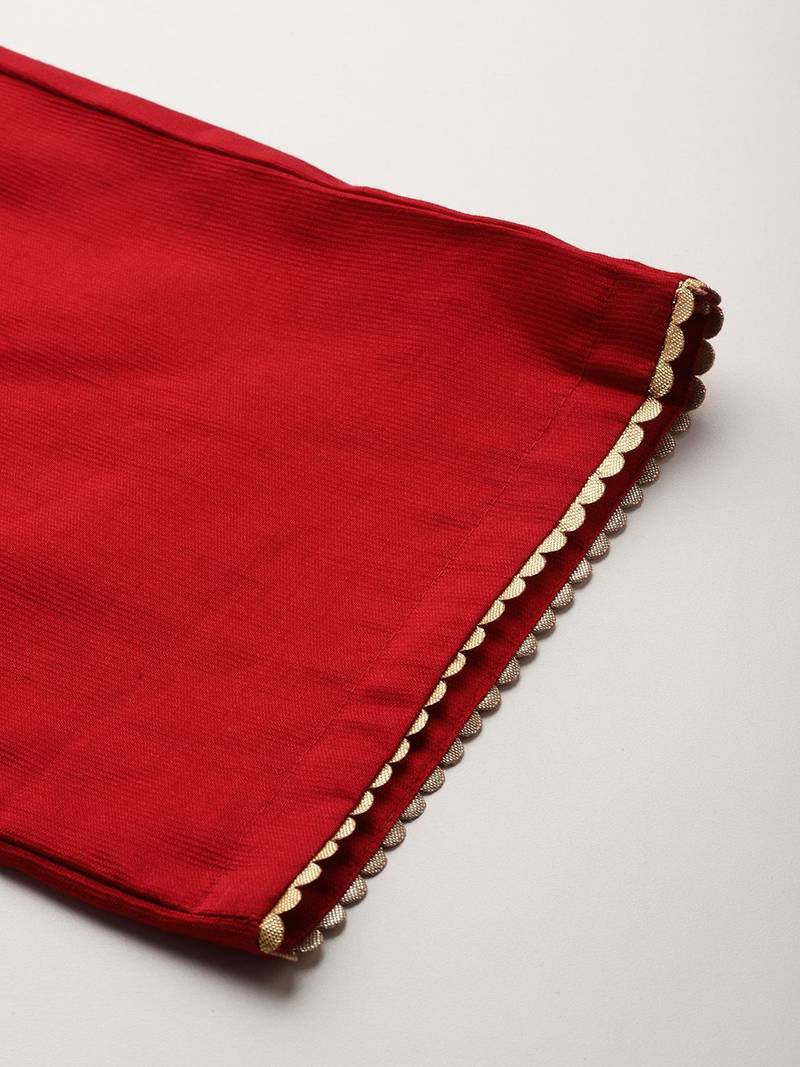 Ethnic Motifs Yoke Design Zari Panelled Liva Kurta With Trousers & Dupatta