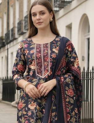 Women Floral Printed Regular Thread Work Kurta with Trousers & With Dupatta 2