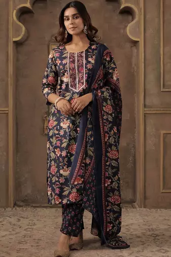 Women Floral Printed Regular Thread Work Kurta with Trousers & With Dupatta