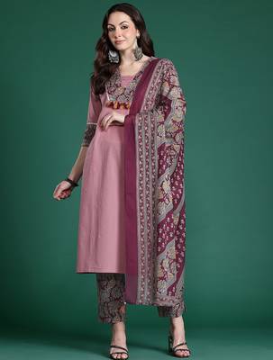 Floral Print Pure Cotton Kurta with Trousers & Dupatta 1