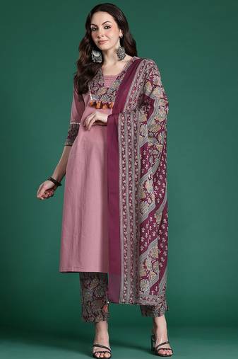 Floral Print Pure Cotton Kurta with Trousers & Dupatta