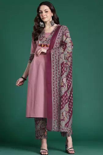 Floral Print Pure Cotton Kurta with Trousers & Dupatta