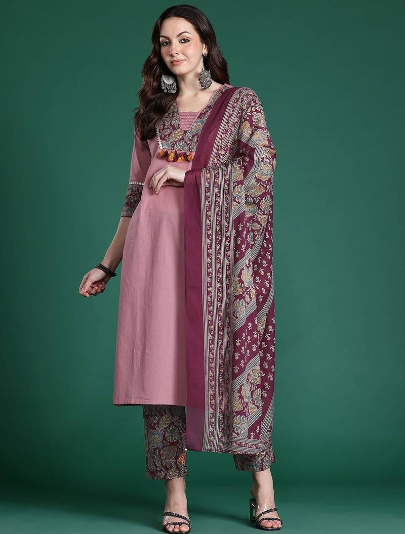 Floral Print Pure Cotton Kurta with Trousers & Dupatta