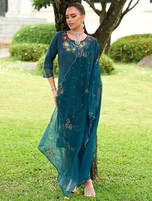 Floral Embroidered Straight Kurta With Trousers & Dupatta 1