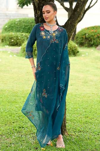Floral Embroidered Straight Kurta With Trousers & Dupatta
