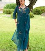 Floral Embroidered Straight Kurta With Trousers & Dupatta