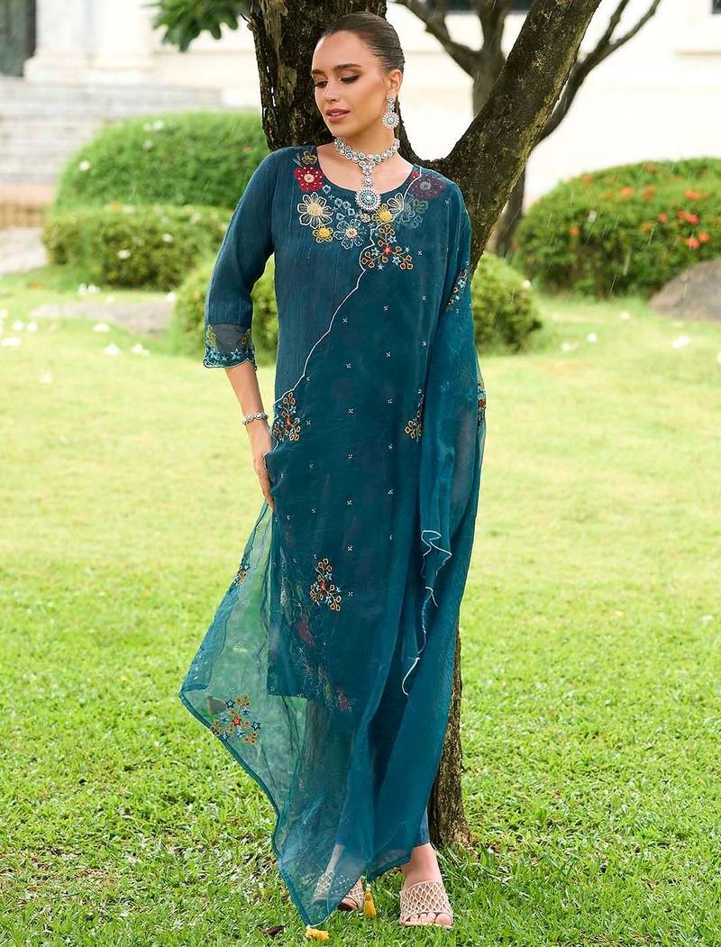 Floral Embroidered Straight Kurta With Trousers & Dupatta