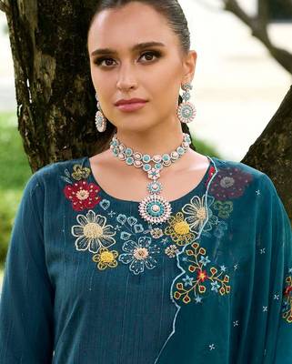 Floral Embroidered Straight Kurta With Trousers & Dupatta 2