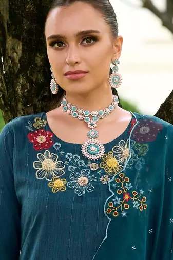 Floral Embroidered Straight Kurta With Trousers & Dupatta