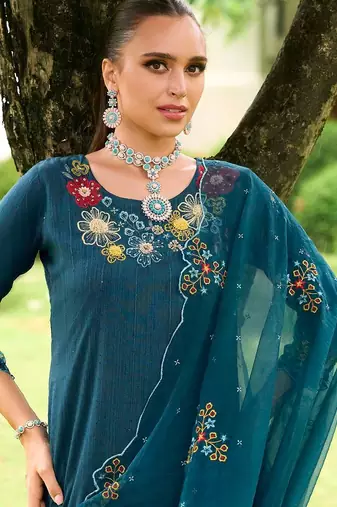 Floral Embroidered Straight Kurta With Trousers & Dupatta