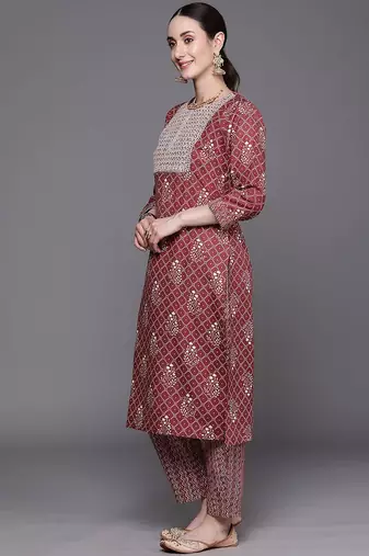 Floral Printed Round Neck Three-Quarter Sleeves Pure Cotton Kurta Set