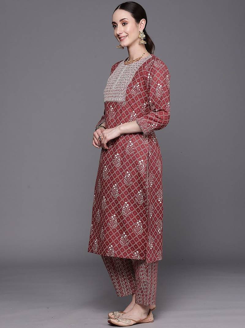 Floral Printed Round Neck Three-Quarter Sleeves Pure Cotton Kurta Set