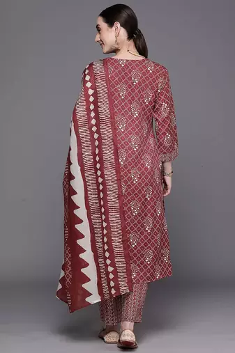 Floral Printed Round Neck Three-Quarter Sleeves Pure Cotton Kurta Set