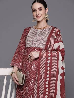 Floral Printed Round Neck Three-Quarter Sleeves Pure Cotton Kurta Set 7