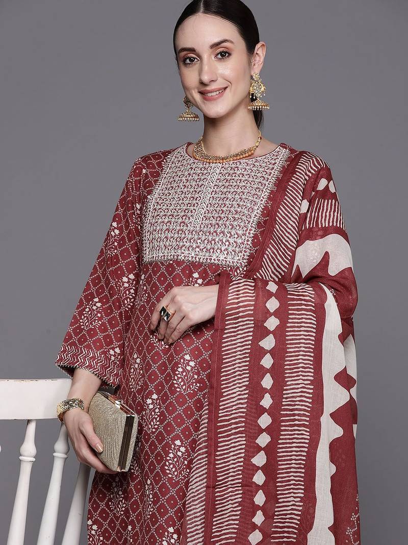 Floral Printed Round Neck Three-Quarter Sleeves Pure Cotton Kurta Set