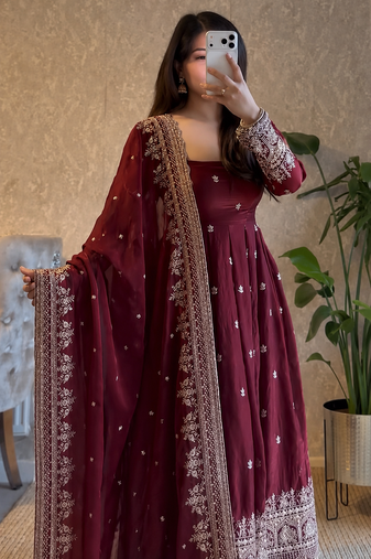 maroon color sequin embroidery silk blend gown set