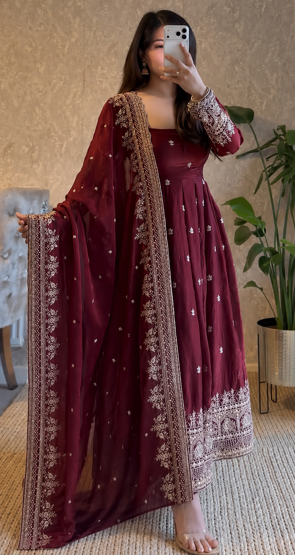 maroon color sequin embroidery silk blend gown set