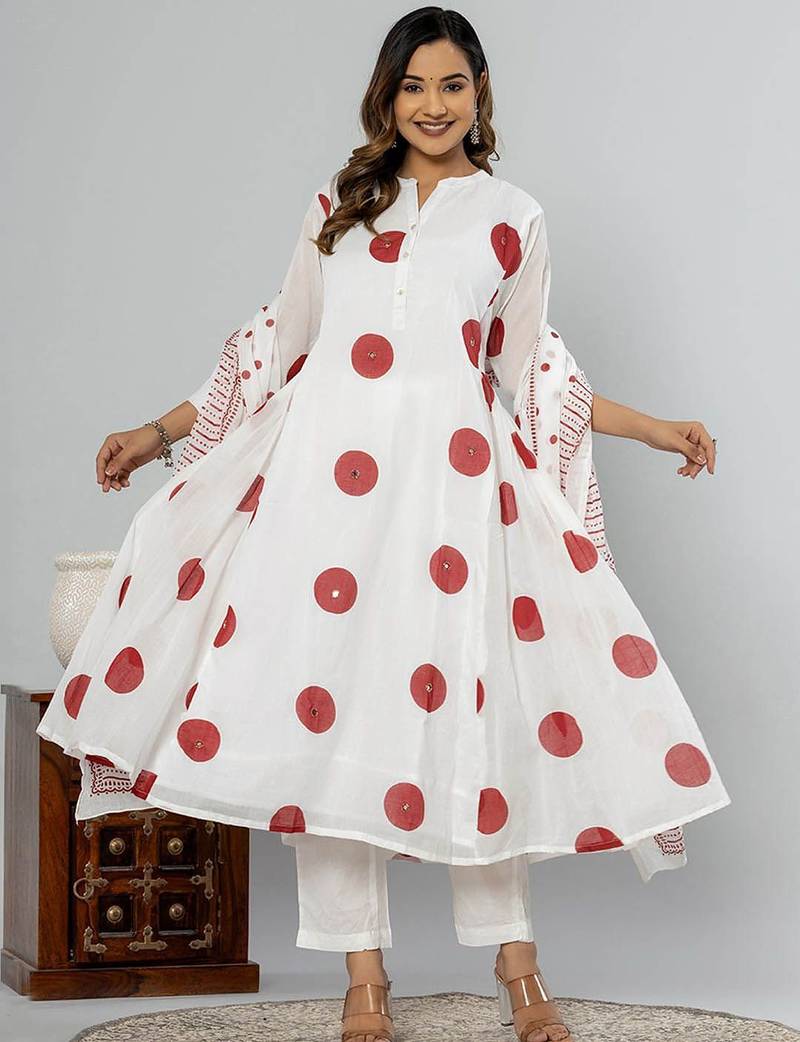 Women Printed Panelled Sequinned Pure Cotton Kurta Trousers & Dupatta
