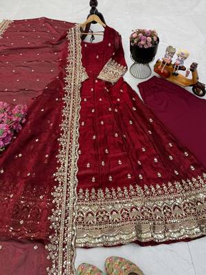 maroon color sequin embroidery silk blend gown set 3