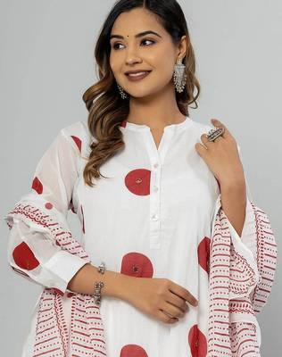 Women Printed Panelled Sequinned Pure Cotton Kurta Trousers & Dupatta 5
