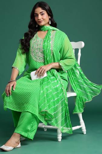 Plus Size Printed Mirror Work Kurta with Palazzos & Dupatta