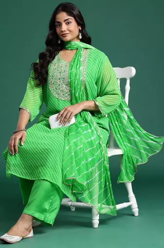 Plus Size Printed Mirror Work Kurta with Palazzos & Dupatta