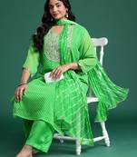 Plus Size Printed Mirror Work Kurta with Palazzos & Dupatta