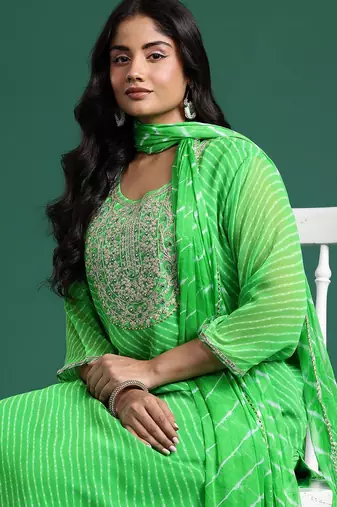 Plus Size Printed Mirror Work Kurta with Palazzos & Dupatta