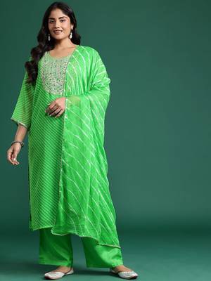 Plus Size Printed Mirror Work Kurta with Palazzos & Dupatta 6