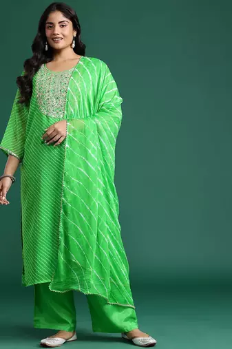 Plus Size Printed Mirror Work Kurta with Palazzos & Dupatta